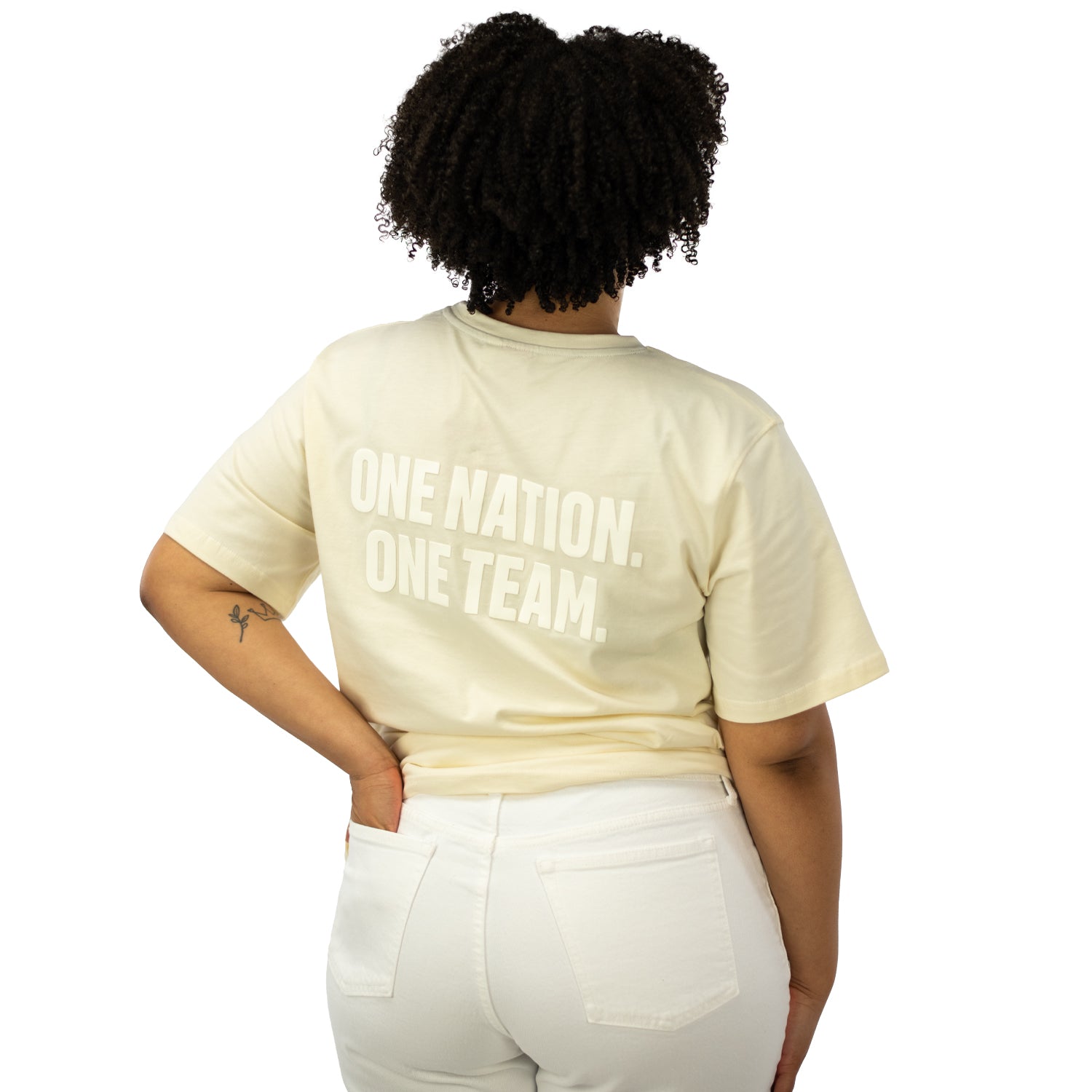 Unisex USA Statement Cream Tonal Tee - Back View on Model