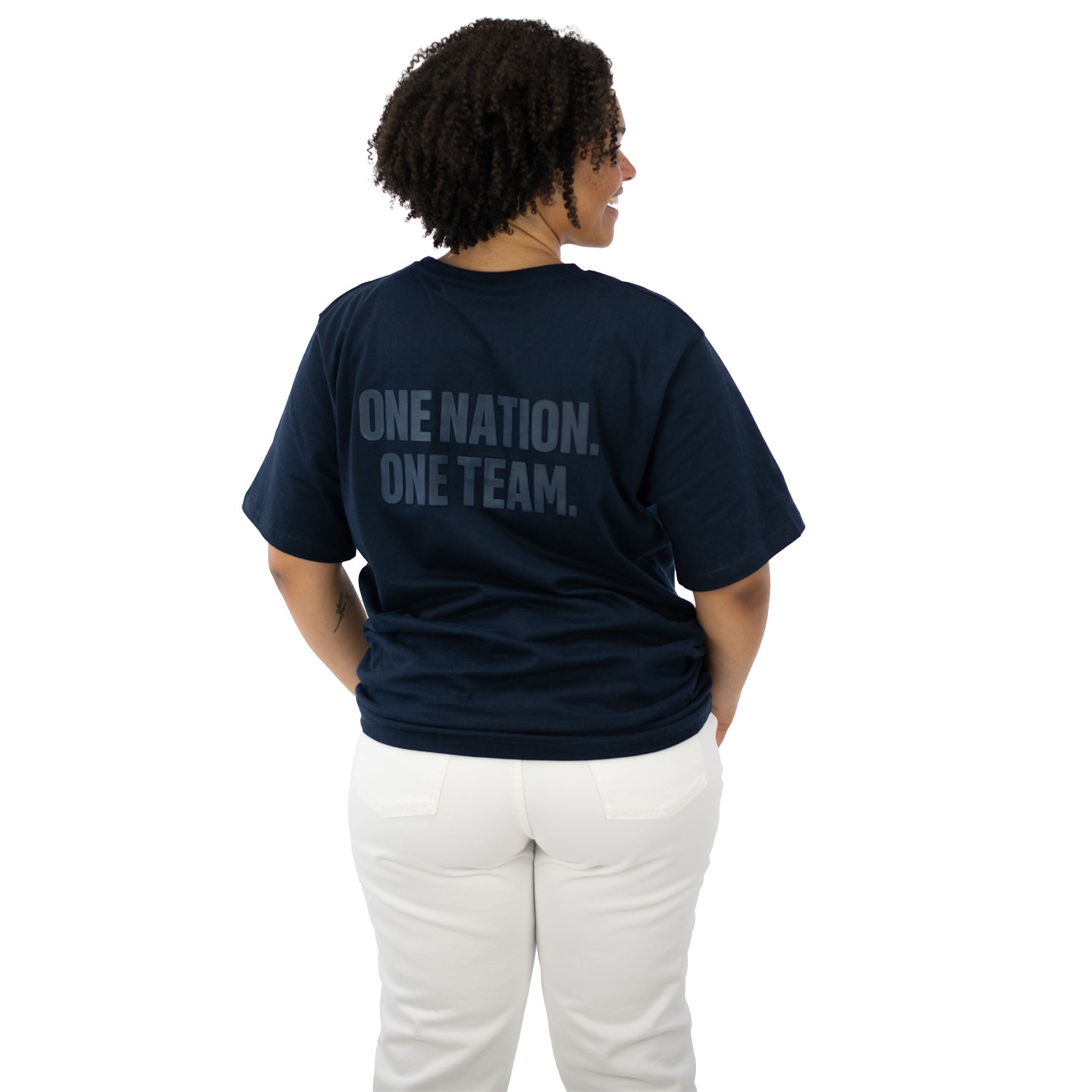 Unisex USA Statement Navy Tonal Tee - Back View on Model