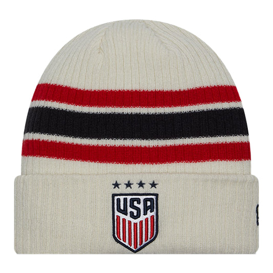 Adult New Era USMNT Vintage Cream Knit Hat - Front View