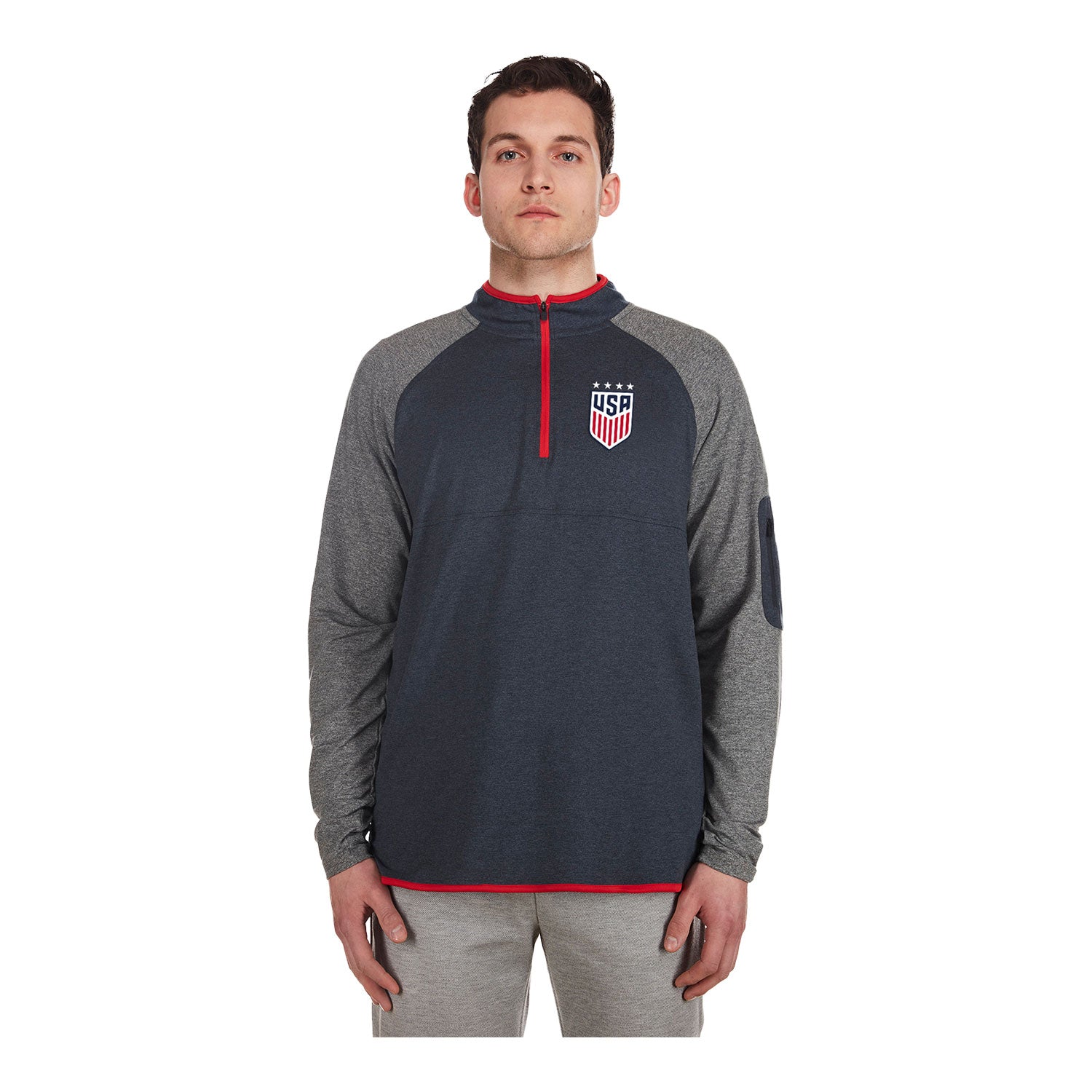 Men's New Era USWNT 1/4 Zip Navy/Grey Pullover - Front View