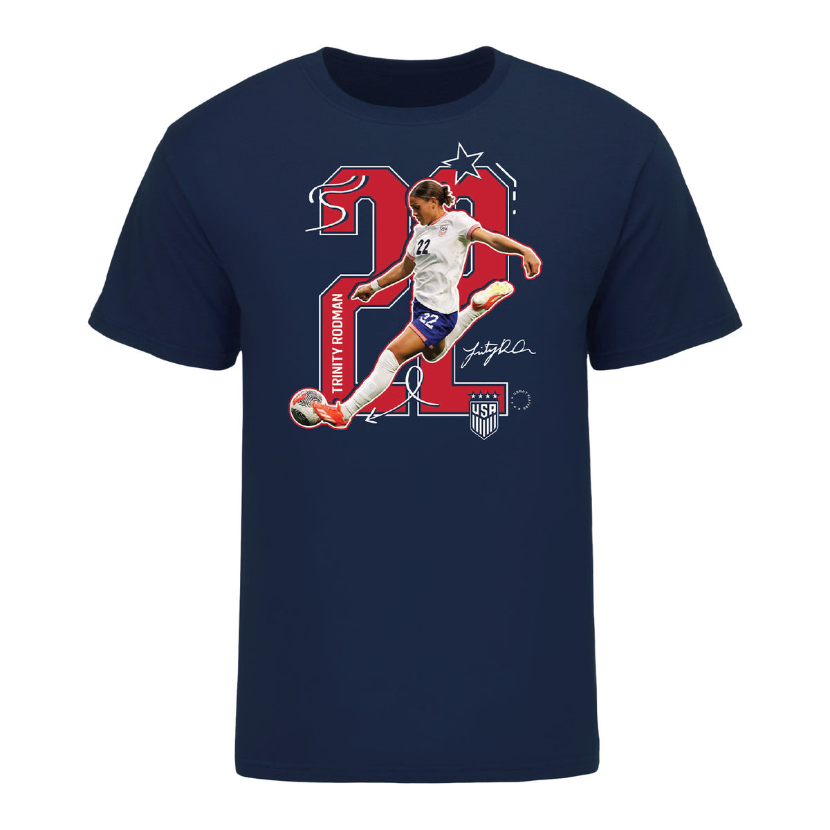 Unisex USWNT Trinity Rodman Navy Tee - Front View
