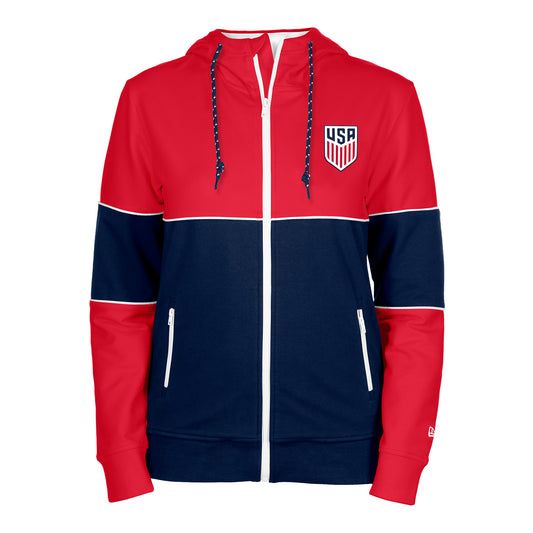 Women's New Era USMNT Full Zip Blocked Red Hoodie - Front View