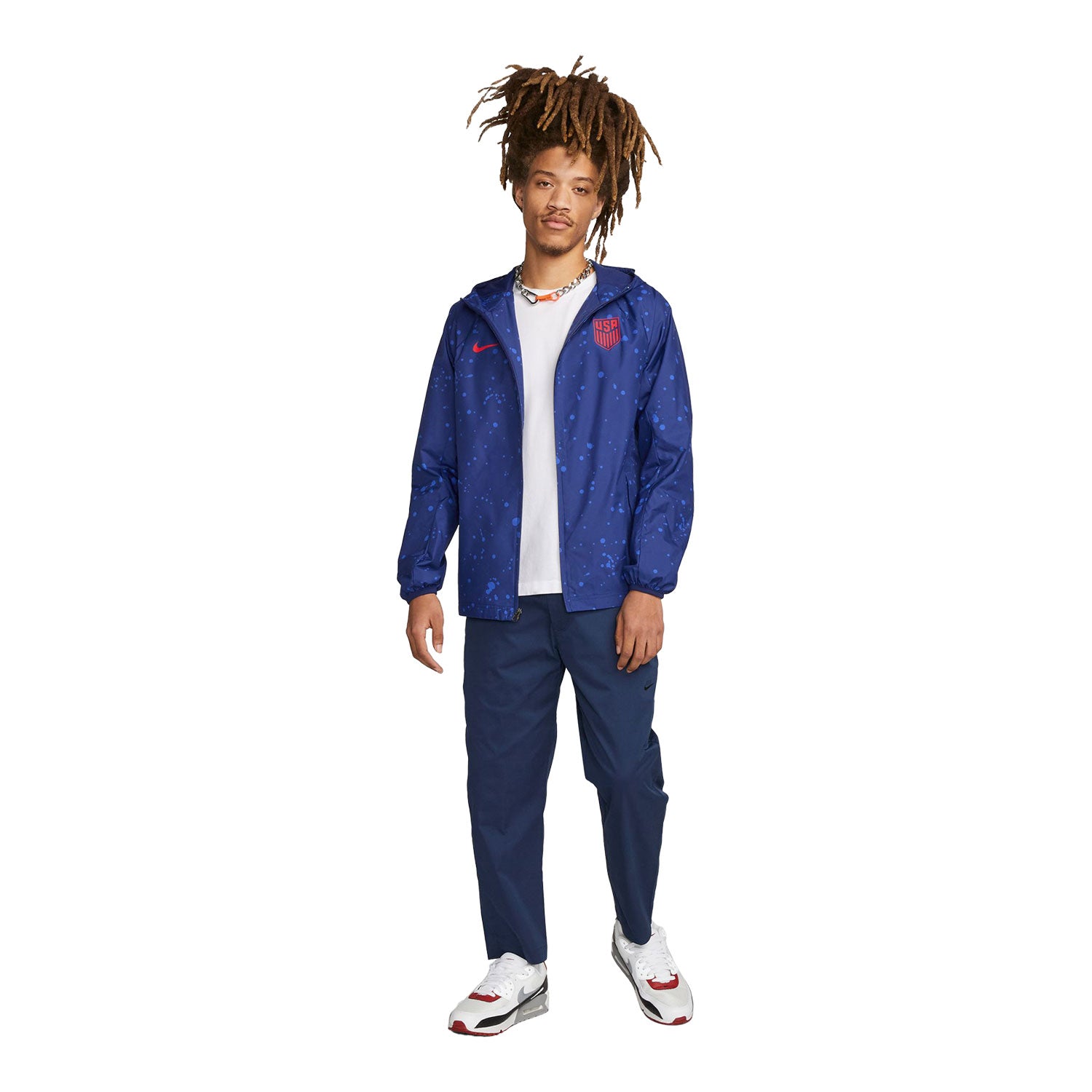 Men's Nike USMNT 2023 Splatter Blue Rain Jacket - Model View