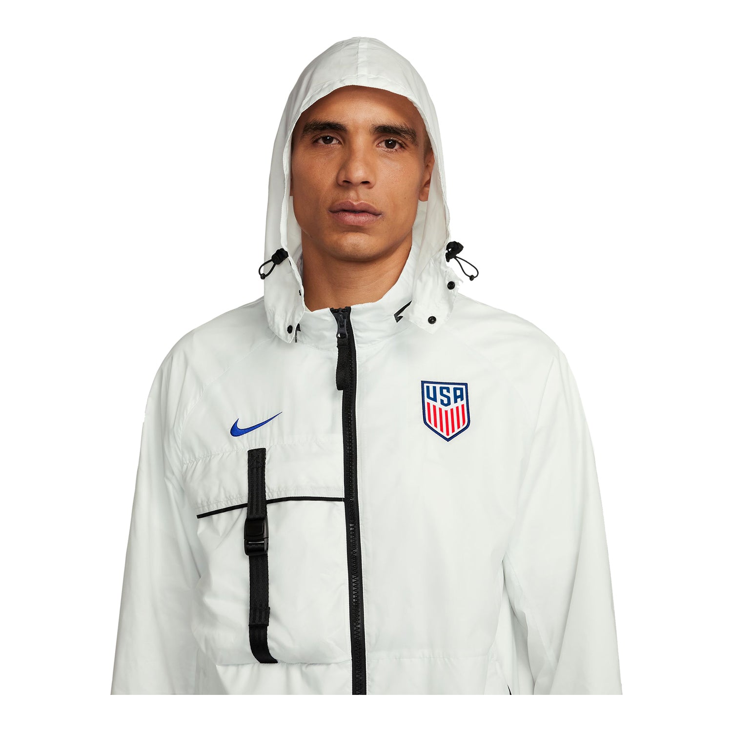 Men's Nike USA Halo Anthem White Jacket - Hood Up Front View