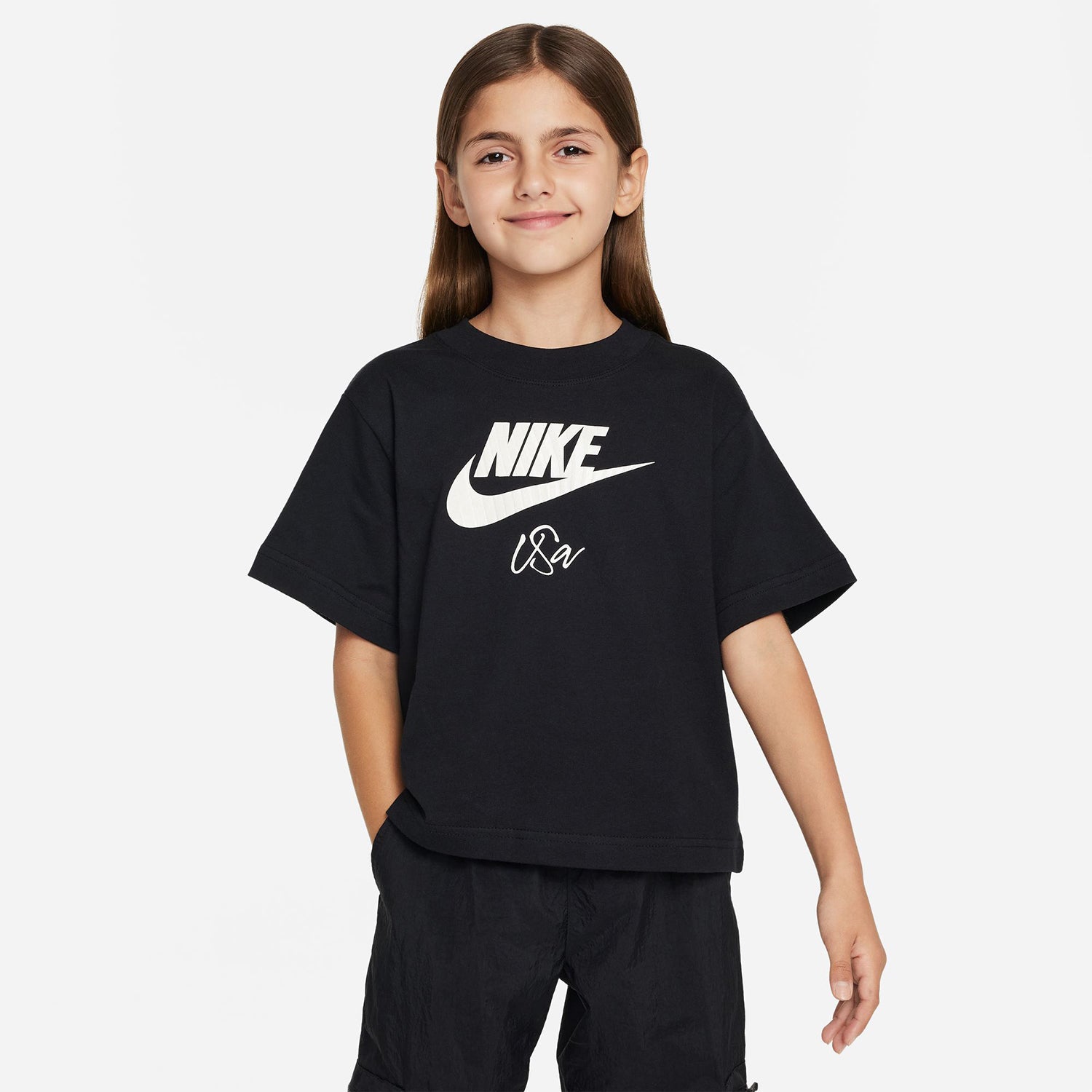 Girls Nike USWNT Swoosh Script Black Tee - Front View