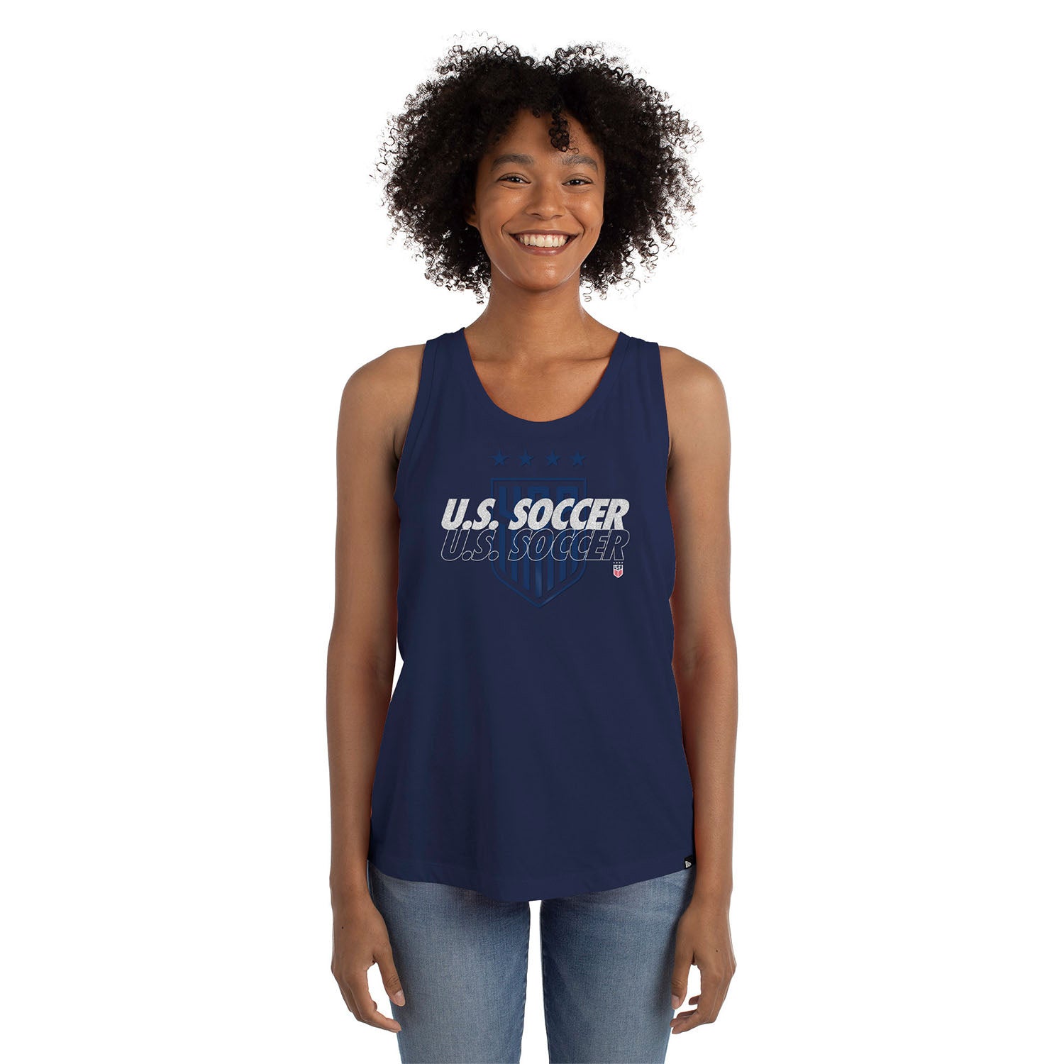 Women's New Era USWNT Glitter Open Back Navy Tank - Front View