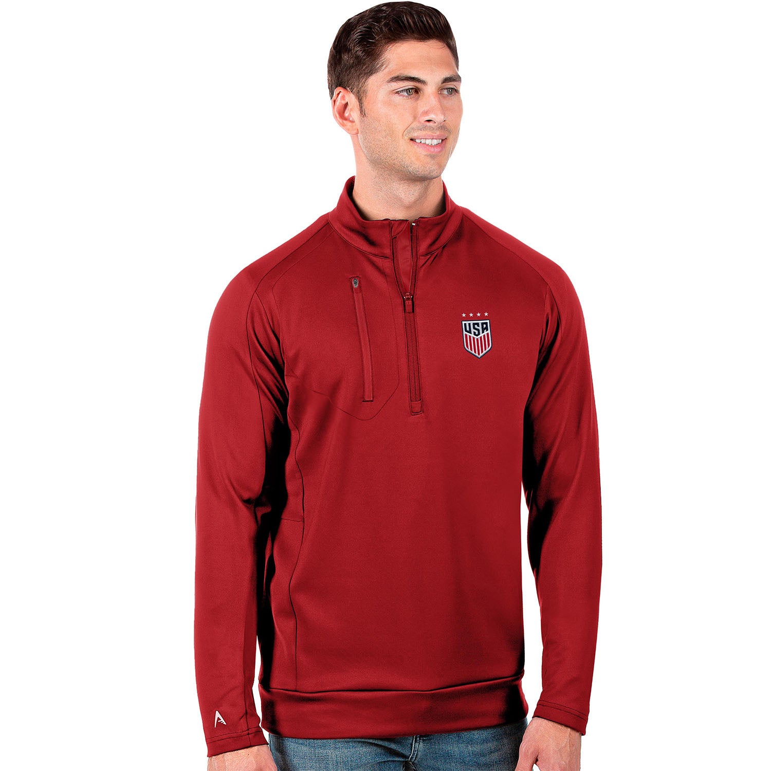 Men's Antigua USMNT Generation 1/4 Zip Red Pullover - Front View