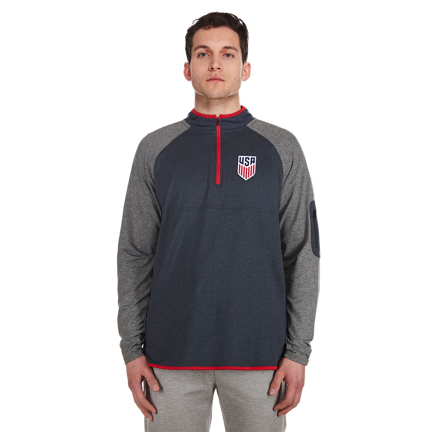 Men's New Era USMNT 1/4 Zip Navy/Grey Pullover - Front View