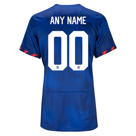 Women's Nike USWNT 2023 Away Personalized Match Jersey w/ FIFA Badge in Blue - Back View