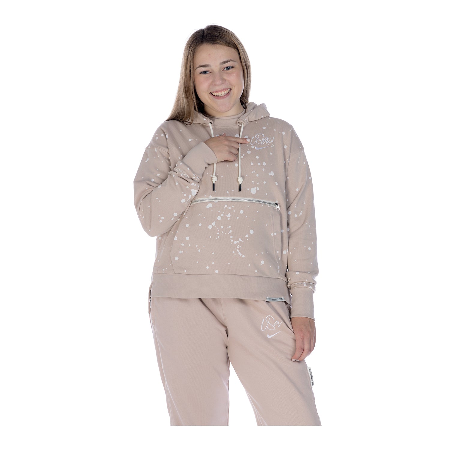 Women's Nike USA Terry Splatter Script Stone Hoodie - Front View