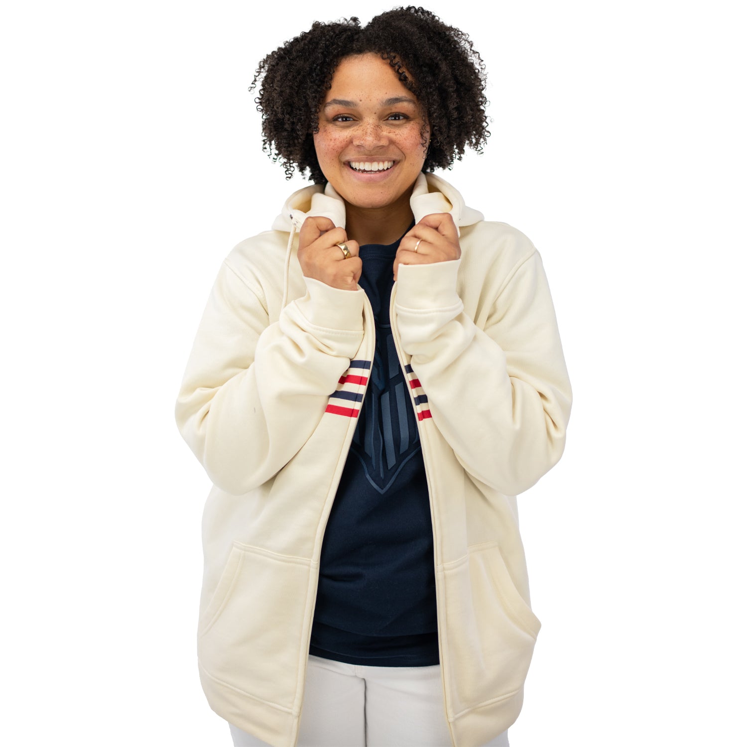 Unisex USA Status Cream Full-Zip Jacket - Unzipped Front View on Model
