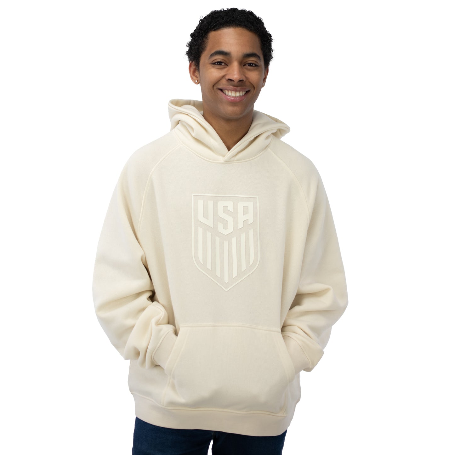 Unisex USA Statement Cream Tonal Hoodie - Front View on Model