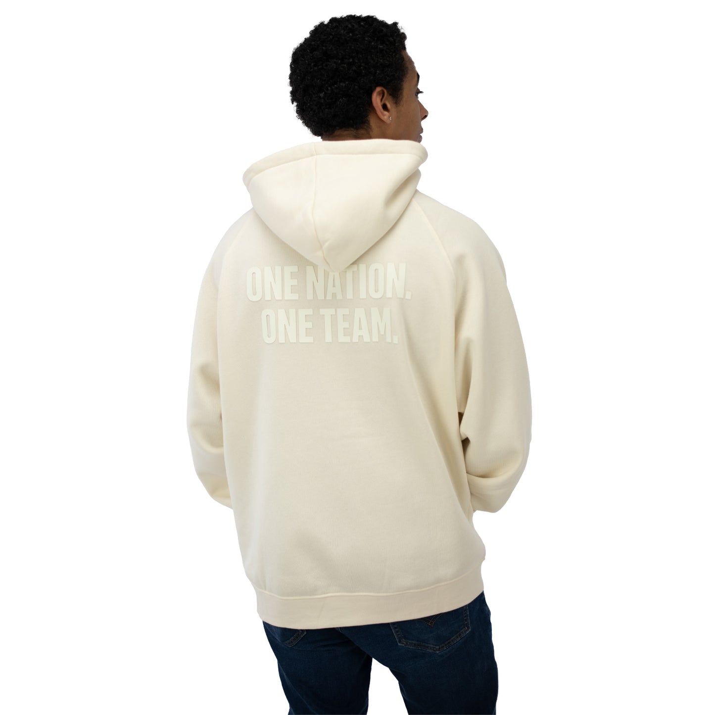Unisex USA Statement Cream Tonal Hoodie - Back View on Model