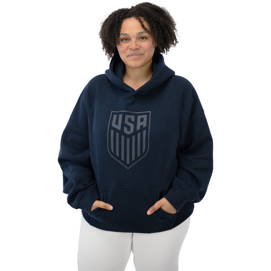 Unisex USA Statement Navy Tonal Hoodie - Front View on Model
