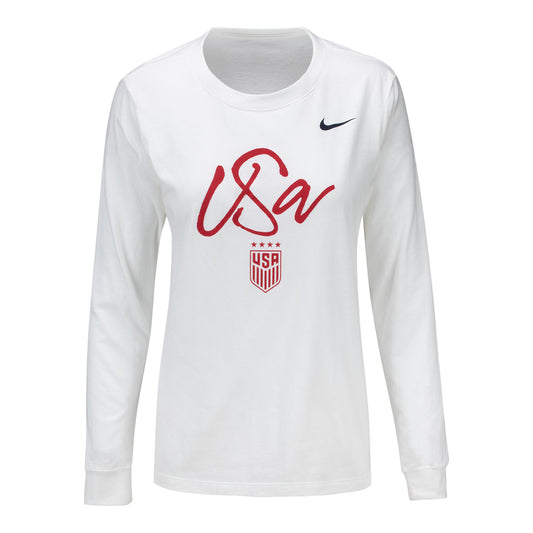 Women's Nike USWNT Script White Long Sleeve Tee - Front View