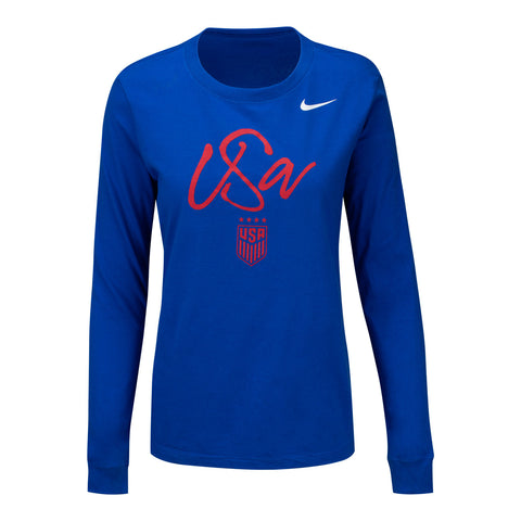 Women's Nike USWNT Script Royal Long Sleeve Tee - Front View