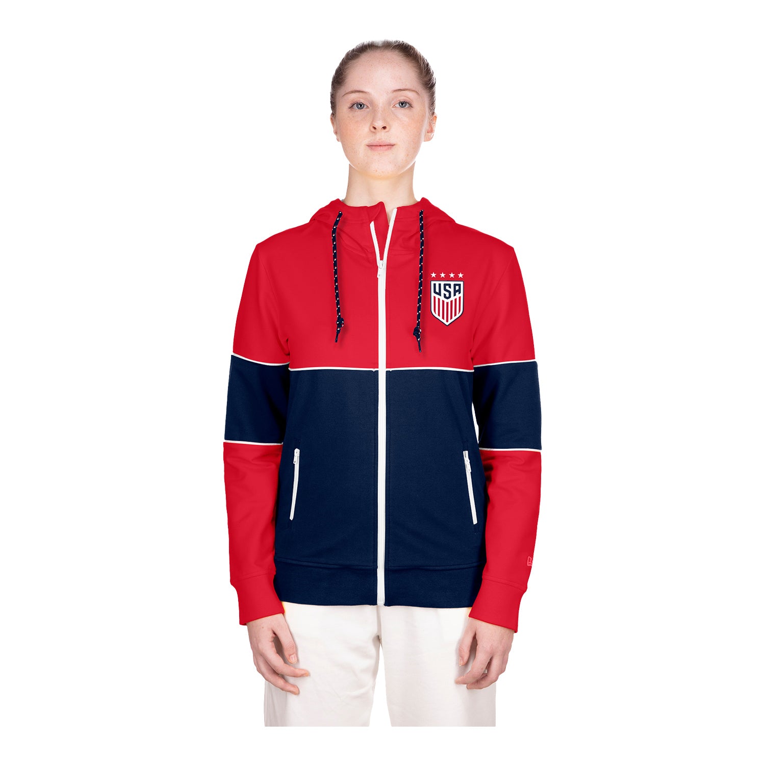 Women's New Era USWNT Full Zip Blocked Red Hoodie - Front View