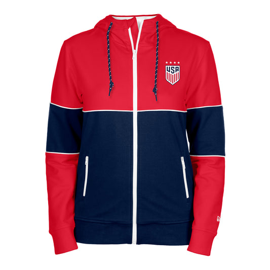 Women's New Era USWNT Full Zip Blocked Red Hoodie - Front View