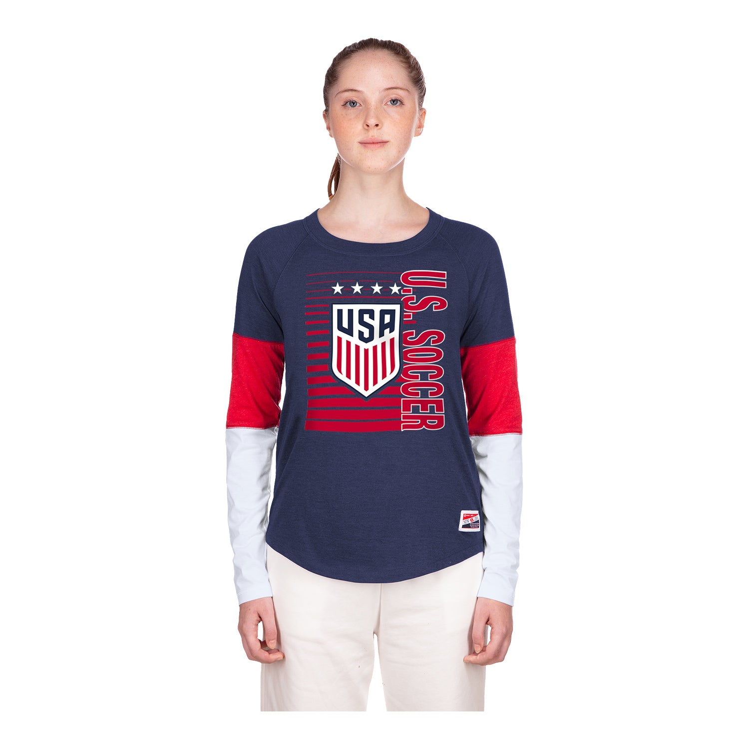 Women's New Era USWNT Colorblock Navy L/S Tee - Front View