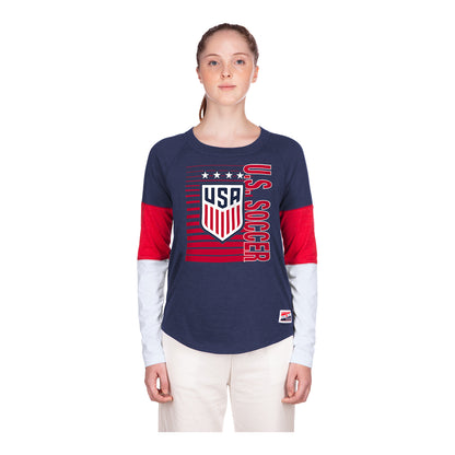 Women's New Era USWNT Colorblock Navy L/S Tee - Front View