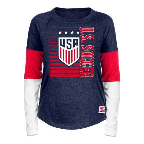 Women's New Era USWNT Colorblock Navy L/S Tee - Front View