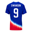 Women's Nike USWNT 2024 American Icon Away Swanson 9 Stadium Jersey in Blue - Back View