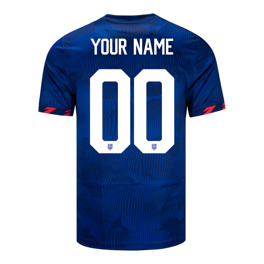 Men's Nike USWNT 2023 Away Personalized Match Jersey w/ FIFA Badge in Blue - Back View