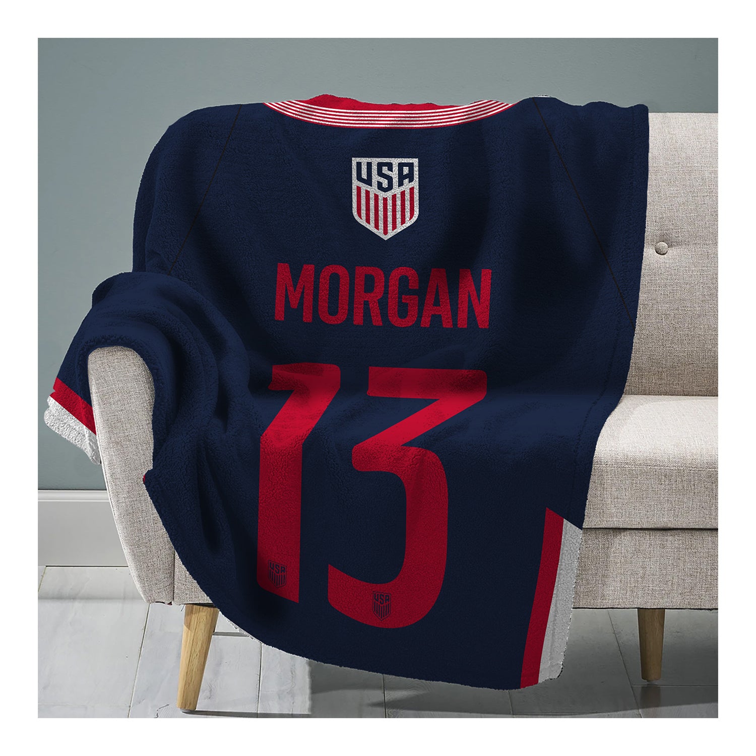 Uncanny Brands USWNT Morgan 13 Jersey Throw Blanket - Front View