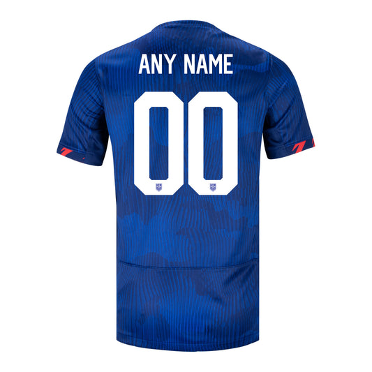 Youth Nike USMNT 2023 Personalized Away Stadium Jersey in Blue - Back View