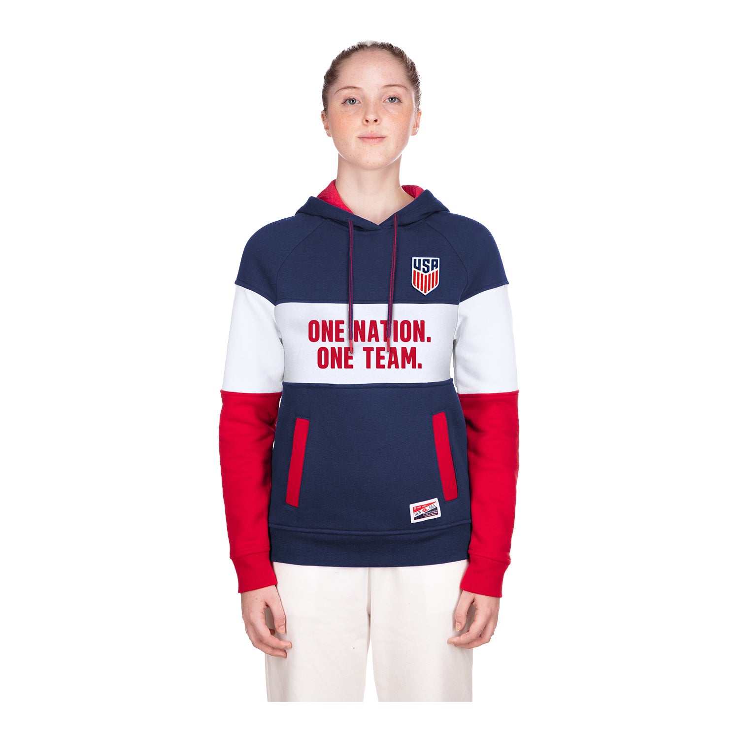 Women's New Era USMNT Heather Navy Color Block Hoodie - Front View