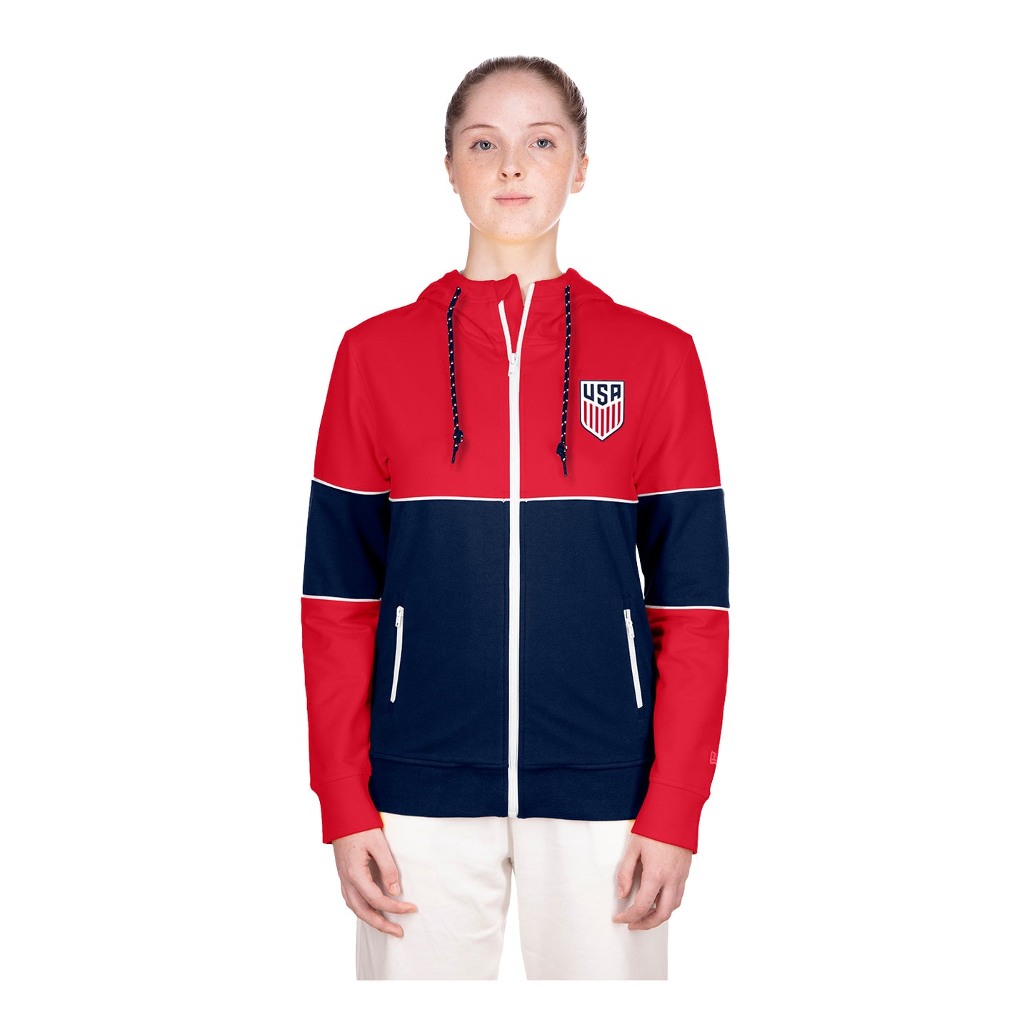 Women's New Era USMNT Full Zip Blocked Red Hoodie - Front View