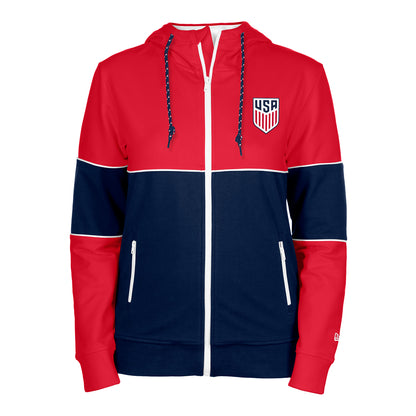 Women's New Era USMNT Full Zip Blocked Red Hoodie - Front View