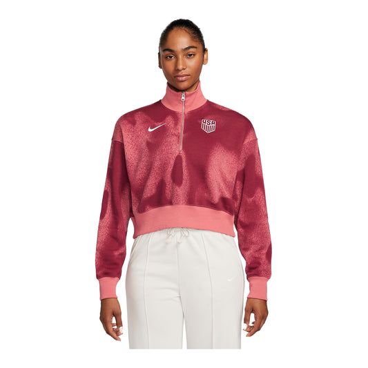 Women's Nike USA Cropped Phoenix Fleece Red 1/2 Zip - Front View