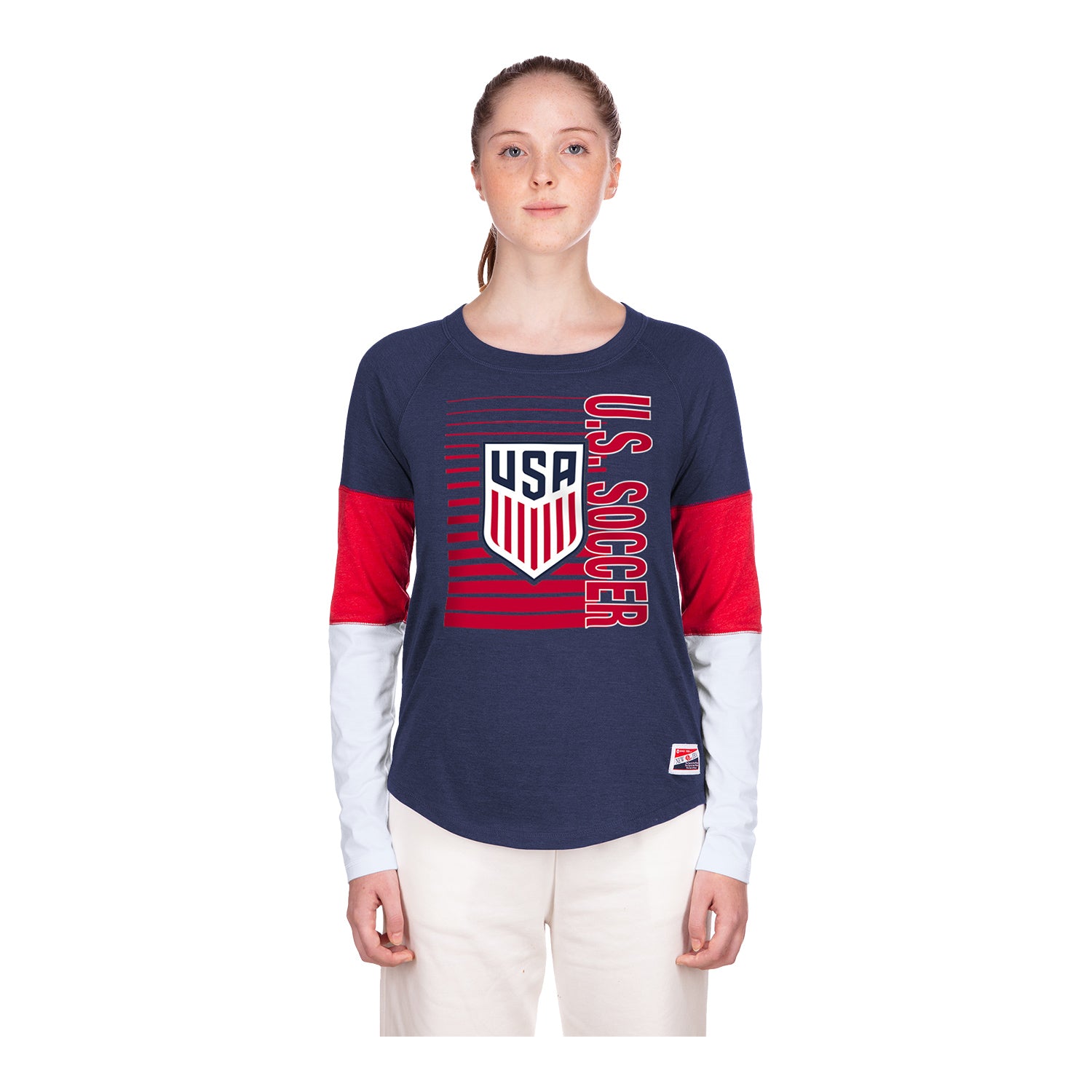 Women's New Era USMNT Colorblock Navy L/S Tee - Front View