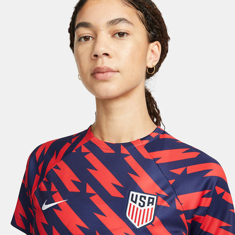 Women's Nike USMNT 2023 VW Pre-Match Red Top - Crest Front View