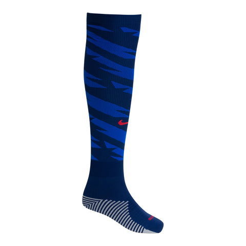 Nike USA Knee-High Strike Away Blue & White Soccer Socks - Front View