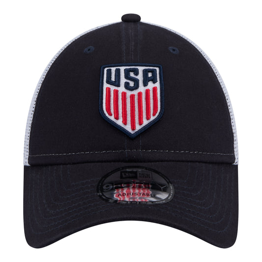 Adult New Era USMNT 9Forty Trucker Navy Hat - Front View