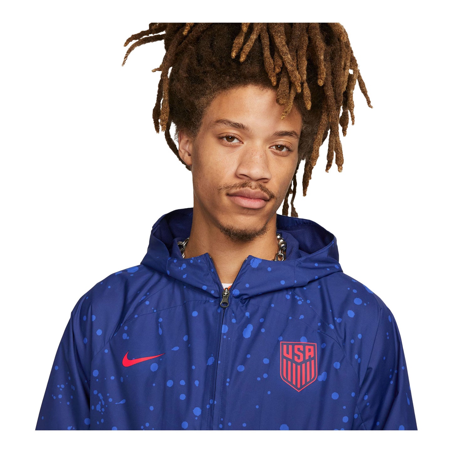 Men's Nike USMNT 2023 Splatter Blue Rain Jacket - Model View