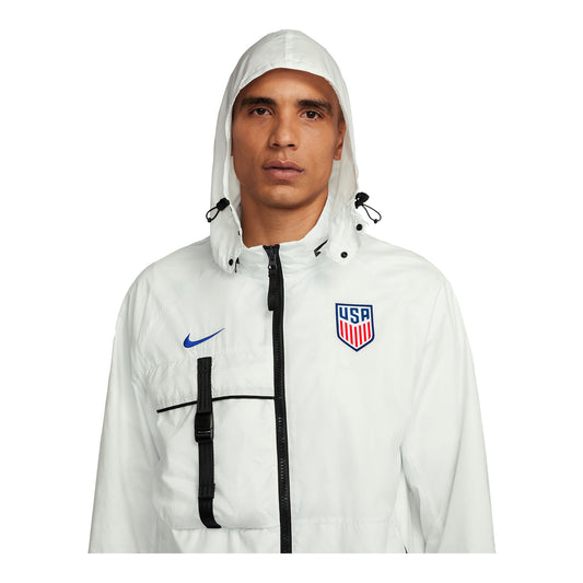Men's Nike USA Halo Anthem White Jacket - Hood Up Front View