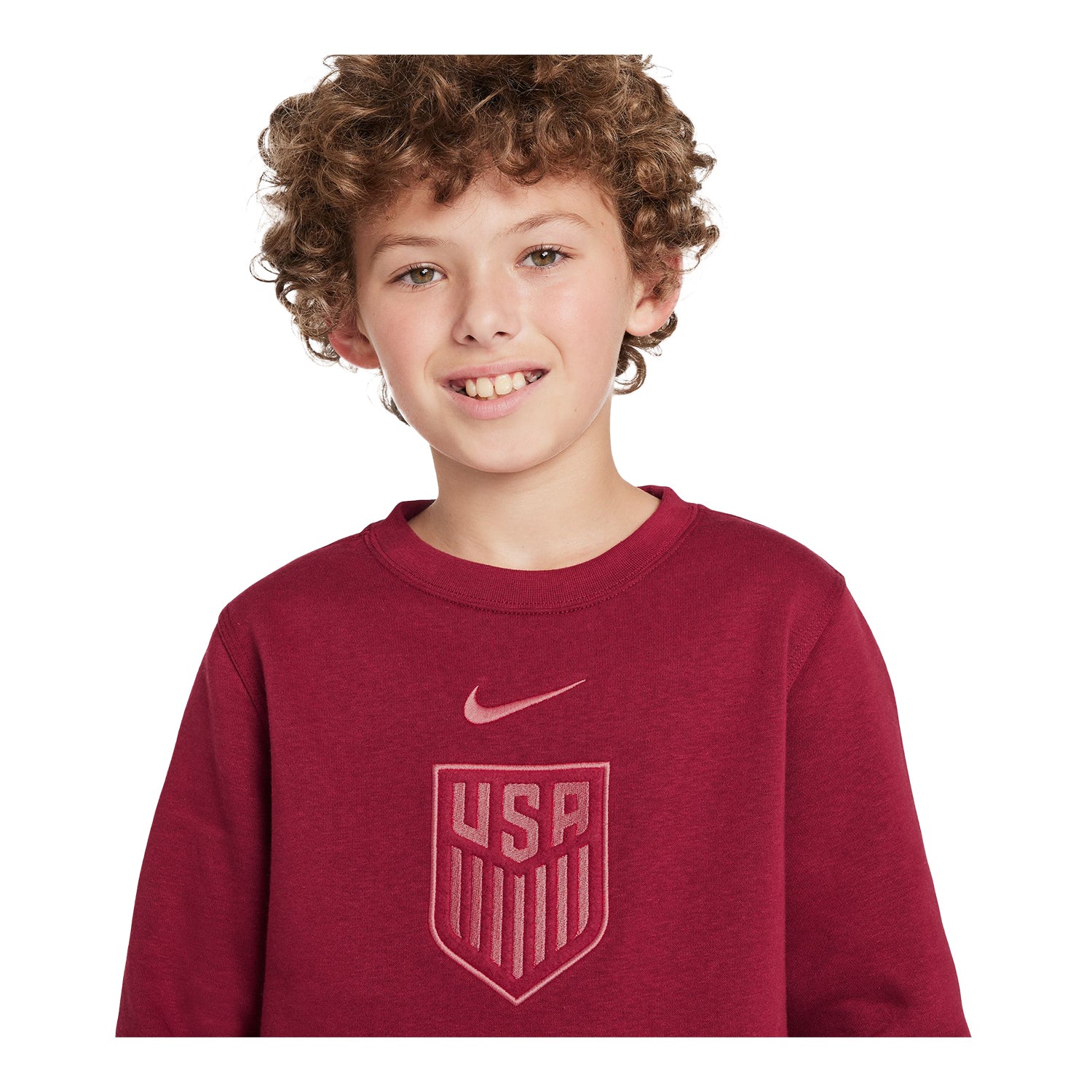 Youth Nike USA Club Fleece Red Crewneck - Collar View