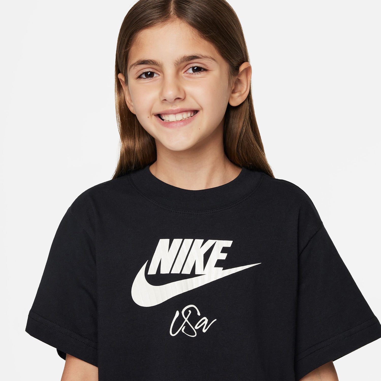Girls Nike USWNT Swoosh Script Black Tee - Front Graphic View