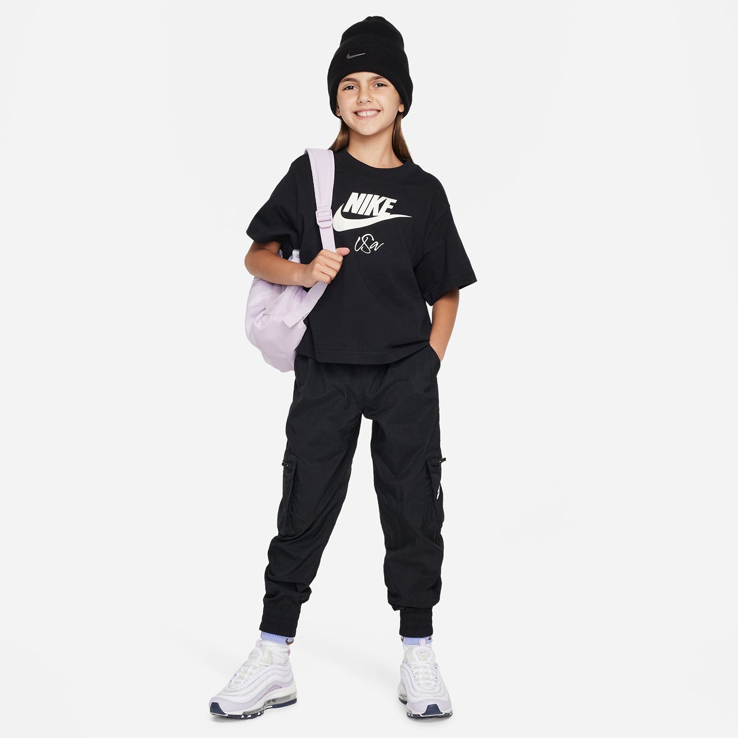 Girls Nike USWNT Swoosh Script Black Tee - Full Body View