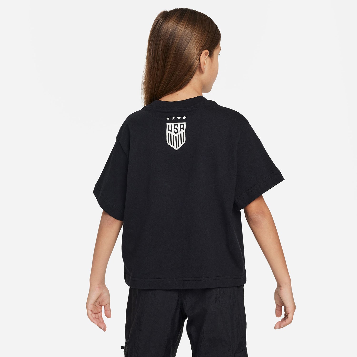 Girls Nike USWNT Swoosh Script Black Tee - Full Back View