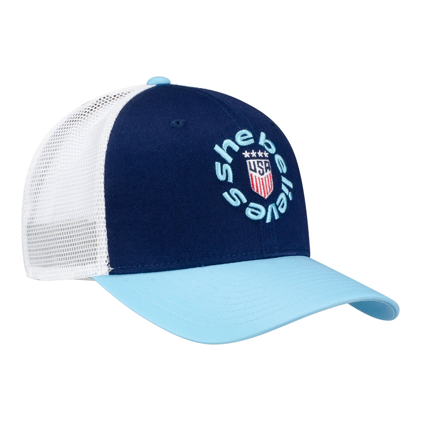 Unisex SheBelieves Circle Logo Light Blue Mesh Trucker Hat