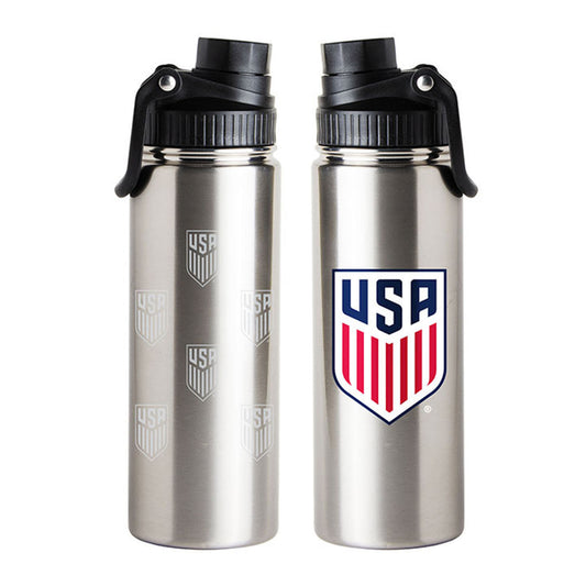 Logo USMNT 21 oz. Twist Top Stainless Steel Bottle in Silver - Front and Back View