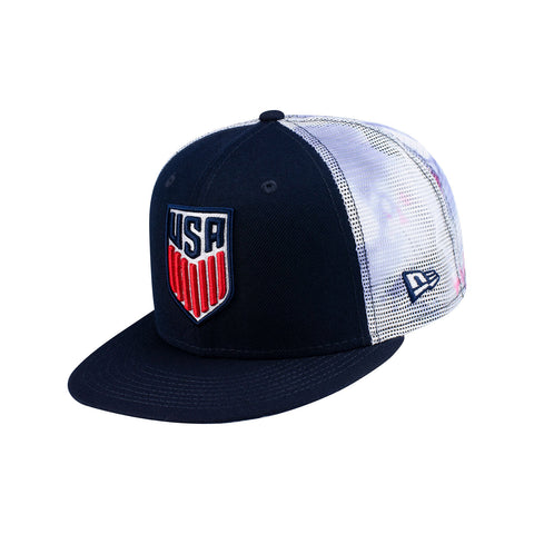 New Era USA 9Fifty Trucker Mesh Tie Dye Snap Back In Blue - Front View