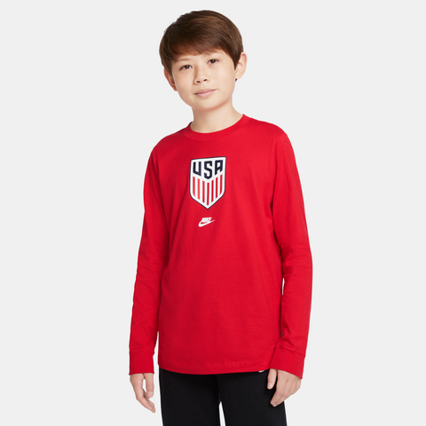 Youth Nike USMNT Crest LS Red Tee - Front View, Worn