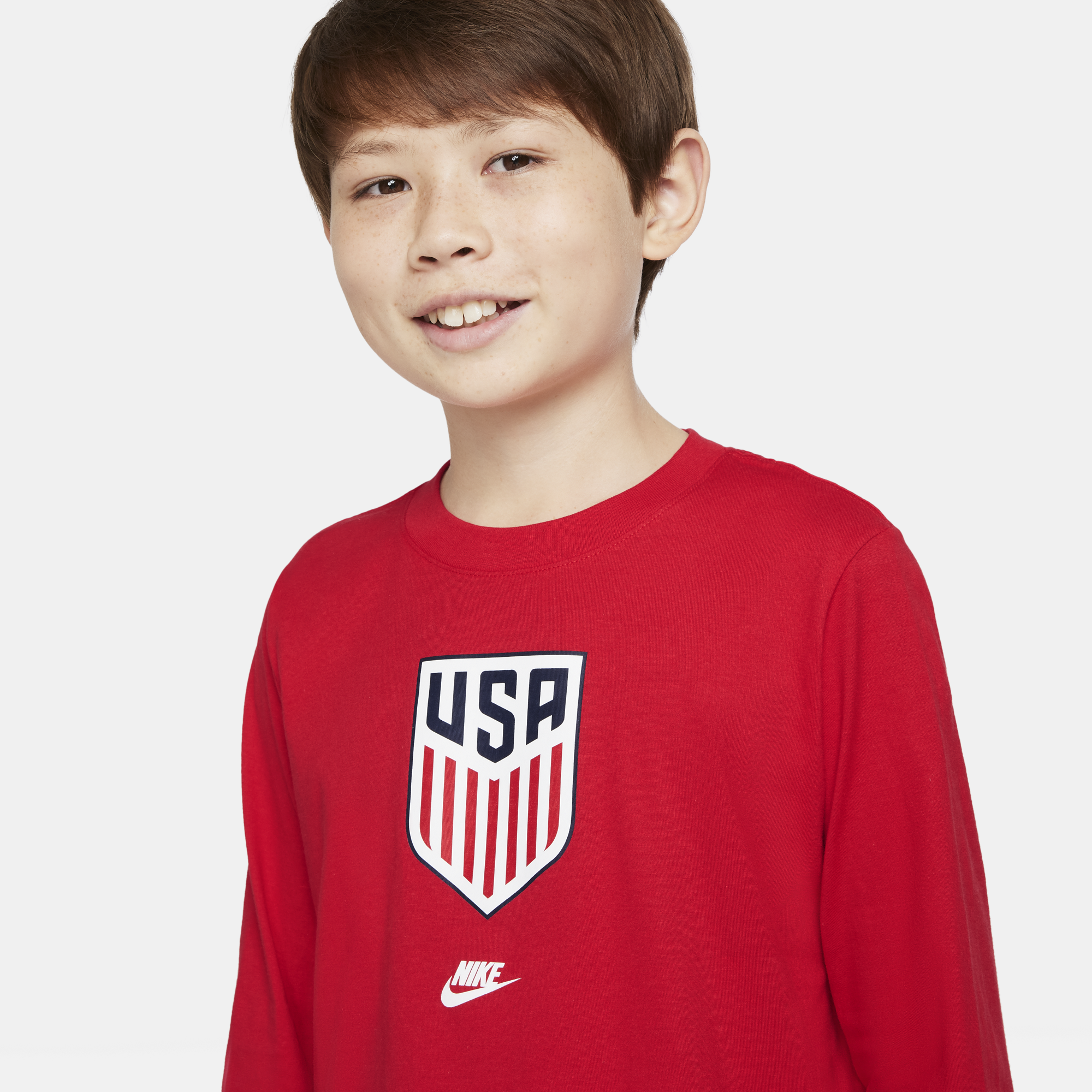 Youth Nike USMNT Crest LS Red Tee - Front View, Worn, Close Up