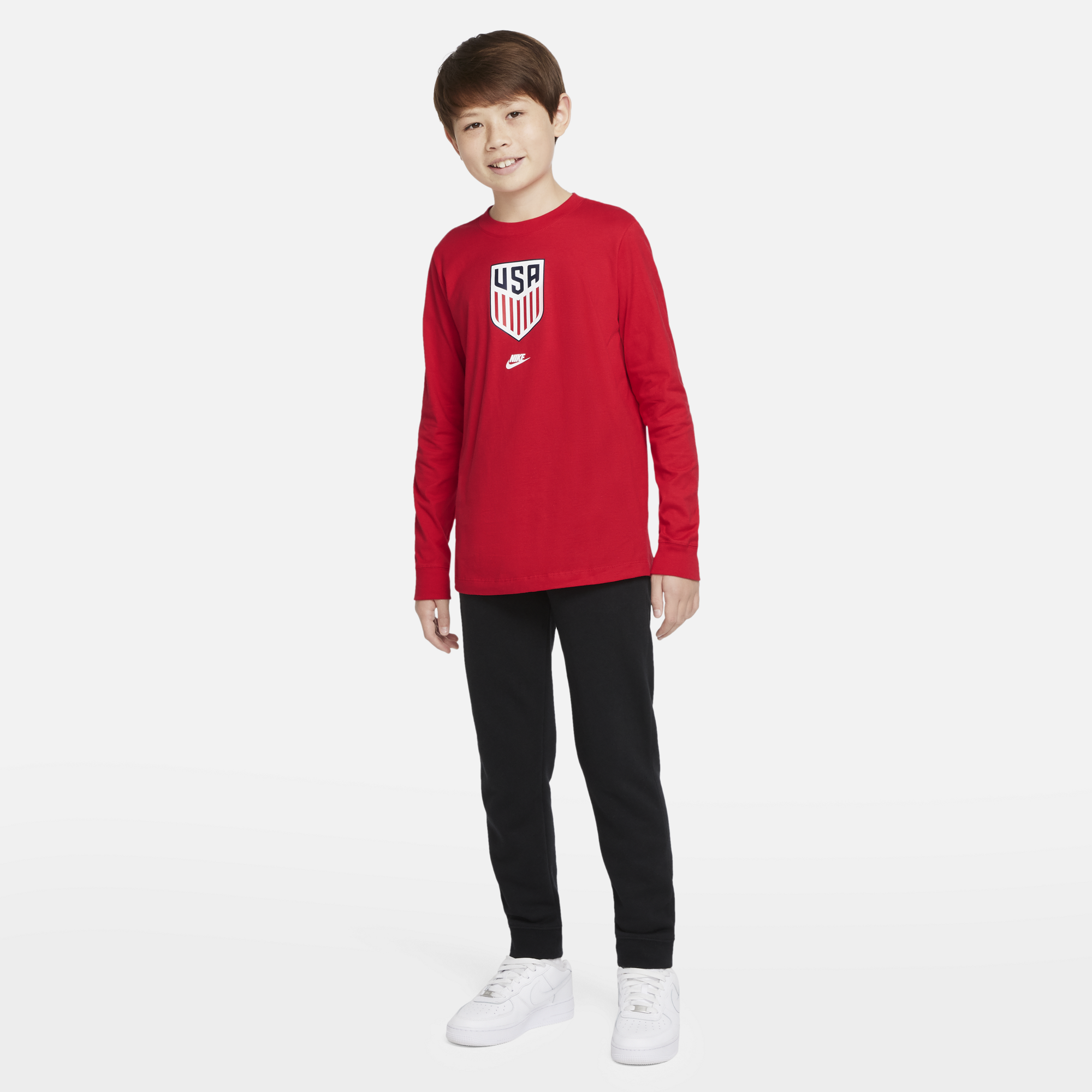 Youth Nike USMNT Crest LS Red Tee - Front View, Worn, Zoomed Out