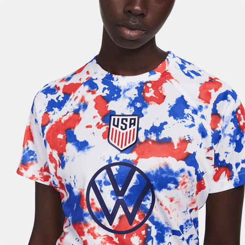 Women's Nike USMNT Pre Match Top in Red, White, and Blue  - Front View